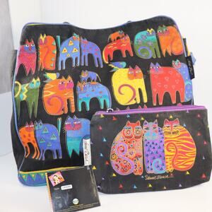 Laurel Burch Colorful Cat Tote Bag Canvas Art + Matching Zip Pouch